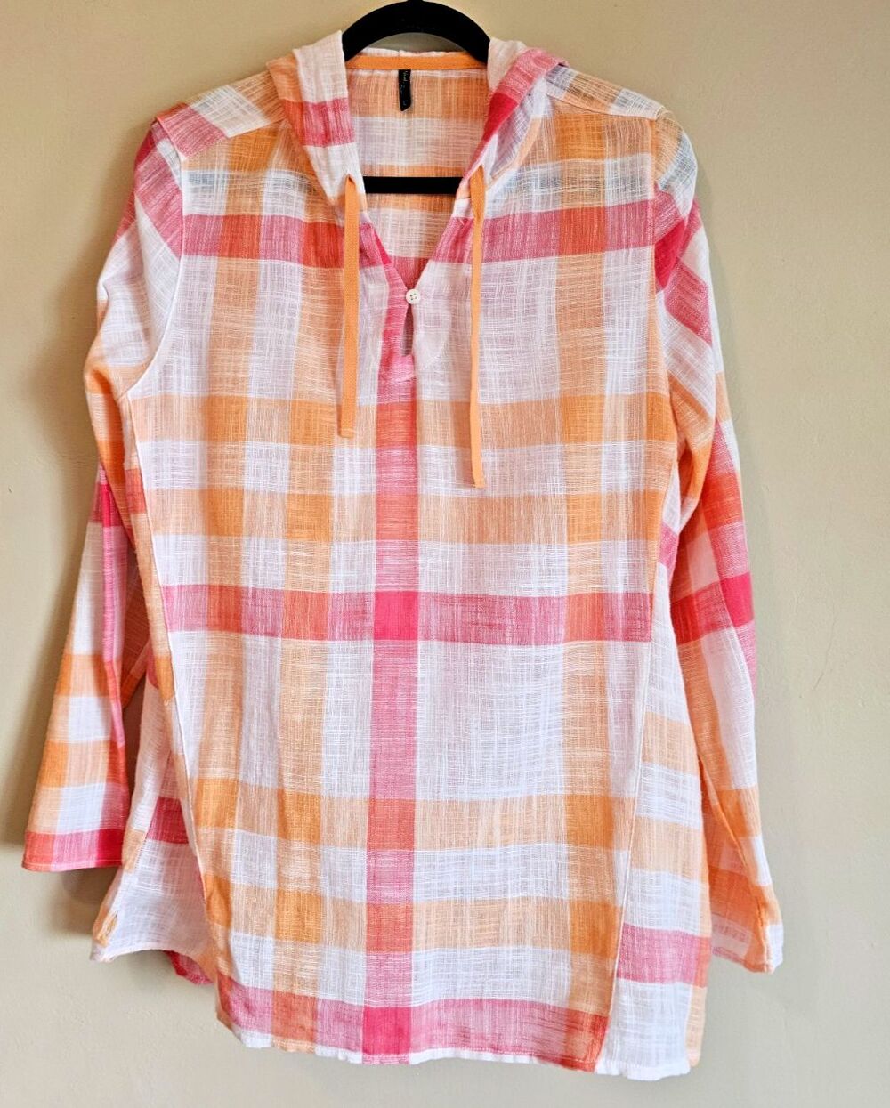 North River Gauze Hooded Top Womens L pastel check Beach Cover Up cotton